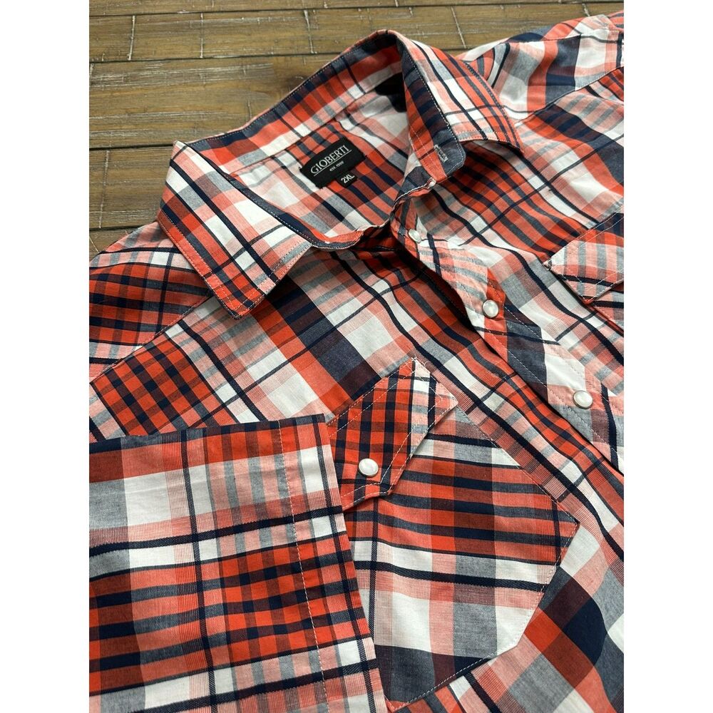 Gioberti Men's Pearl Snap Plaid Western Shirt 2XL Orange Blue White Short Sleeve